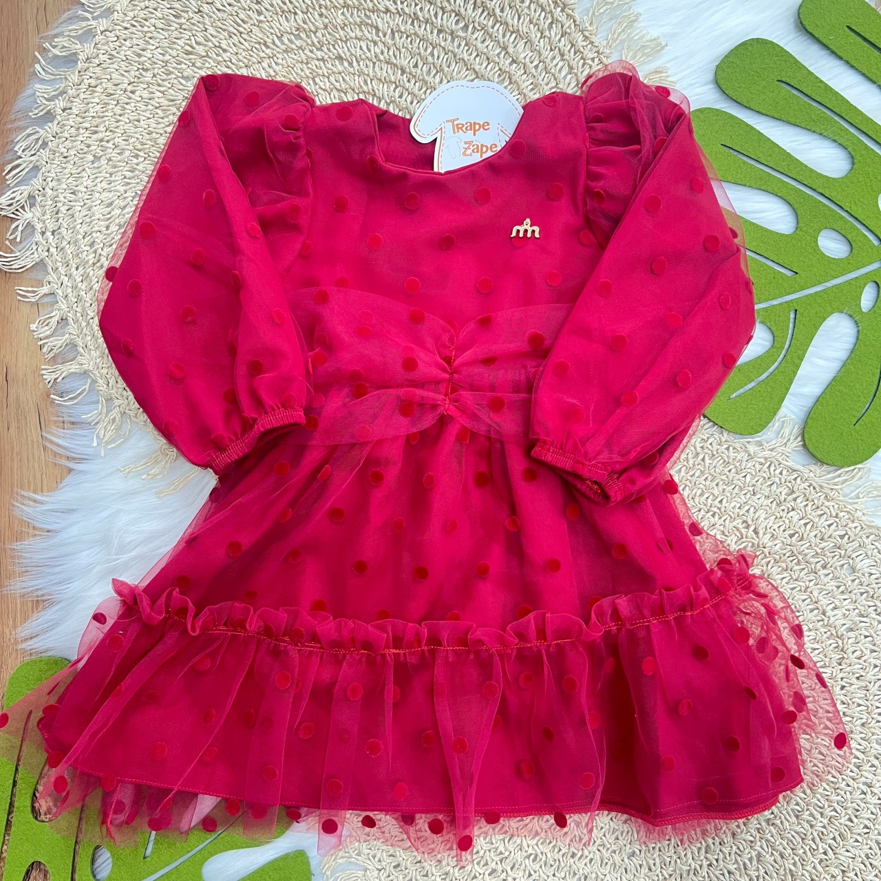Vestido Manga Longa Tule com Bolinhas - Vermelho
